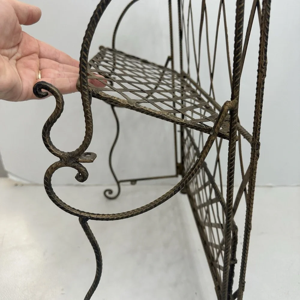 Vintage French Style 2 Tier Antiqued Gold Metal Standing Plant Shelf Scroll Fold